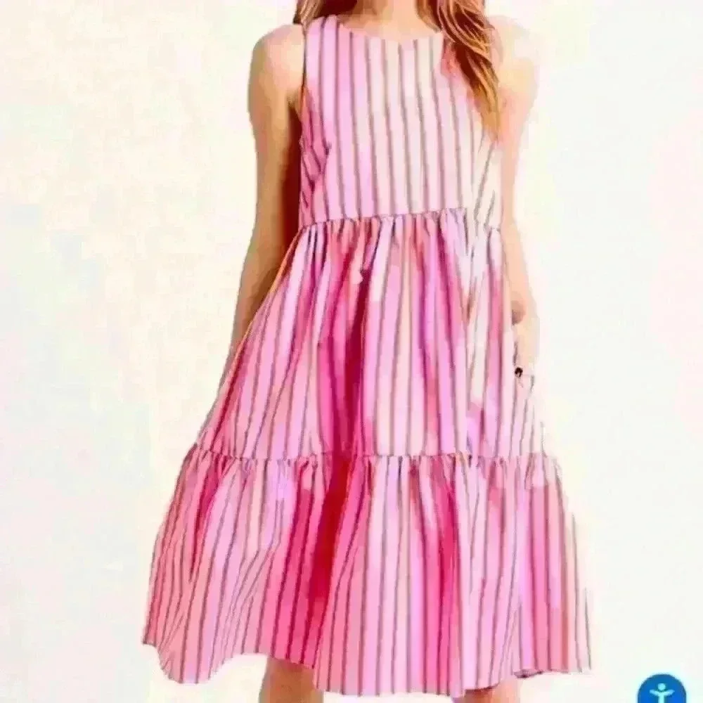 MDS Stripes Pink Red Barbie Stripe Peasant Mini Dress Sleeveless RTR Size 2 - Picture 1 of 8